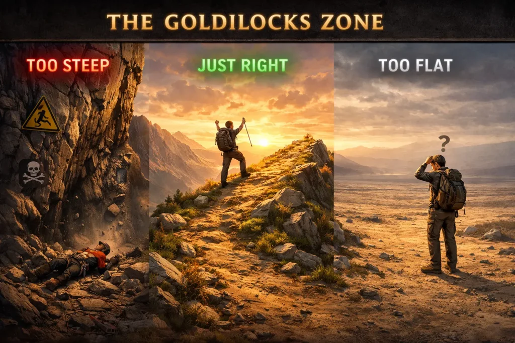 Visual comparison of three trendline angles showing steep, moderate, and flat slopes with Goldilocks principle for sustainable trading trends