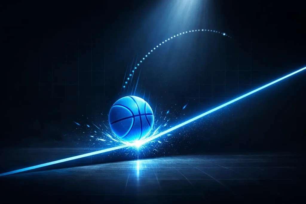 Basketball bouncing off ascending trendline showing dynamic support and pullback trading strategy with glowing contact point