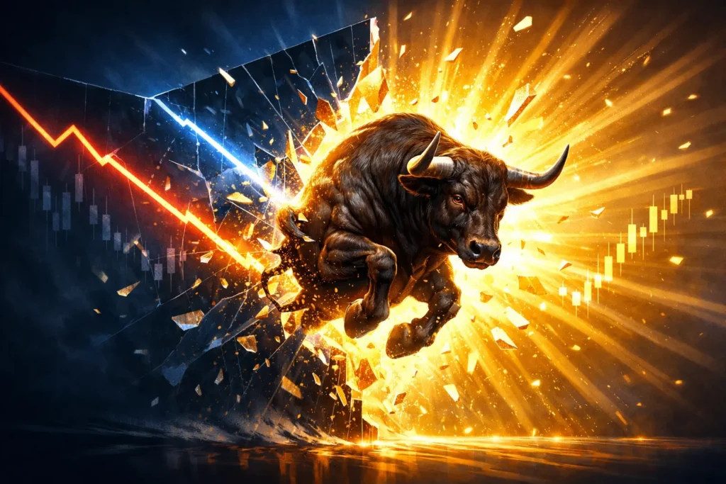 Bull breaking through descending trendline barrier showing decisive breakout with volume and momentum in trading strategy