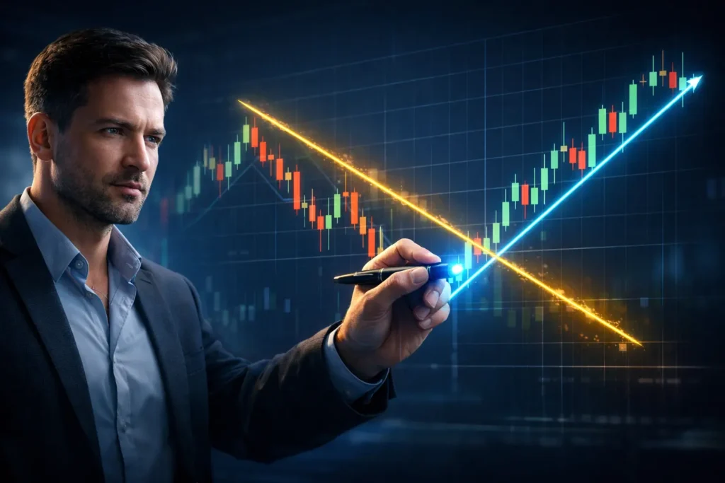 Professional trader drawing ascending and descending trendlines on holographic stock chart with glowing blue and gold lines