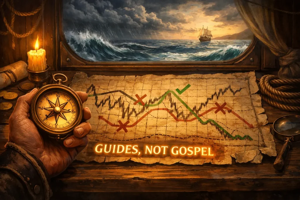 Navigator's compass and map showing trendlines as trading guides not guarantees with stormy ocean representing market uncertainty