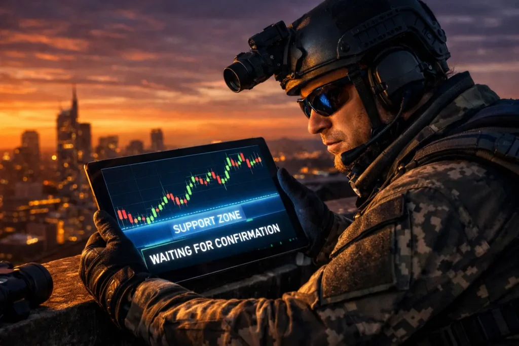 Patient trader waiting for confirmation signals before entering pullback trade, showing discipline and precise timing strategy