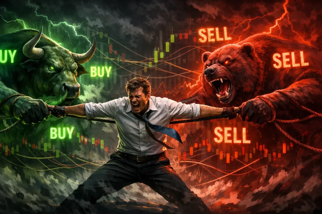 Trader caught between opposing buy and sell forces illustrating whipsaw false signals in choppy markets