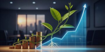 Stack of coins with plant symbolizing compounding growth