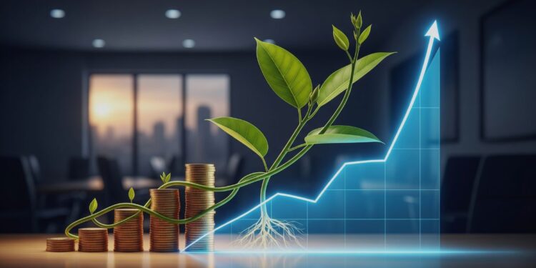 Stack of coins with plant symbolizing compounding growth