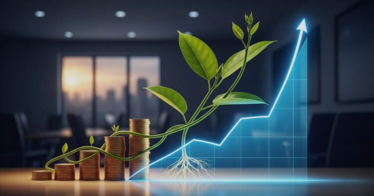 Stack of coins with plant symbolizing compounding growth