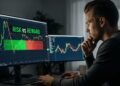 A trader analyzing a chart with “Risk vs Reward” highlighted (two arrows showing downside vs upside
