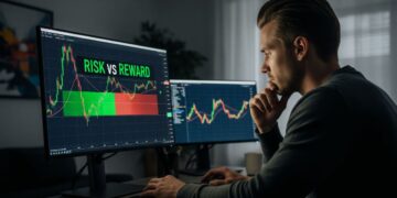 A trader analyzing a chart with “Risk vs Reward” highlighted (two arrows showing downside vs upside