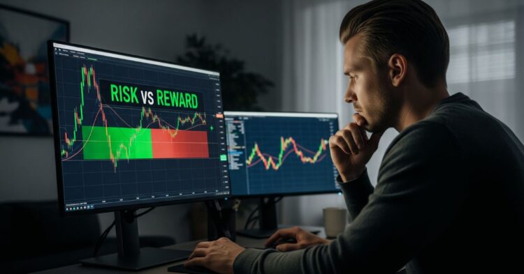 A trader analyzing a chart with “Risk vs Reward” highlighted (two arrows showing downside vs upside