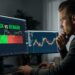 A trader analyzing a chart with “Risk vs Reward” highlighted (two arrows showing downside vs upside