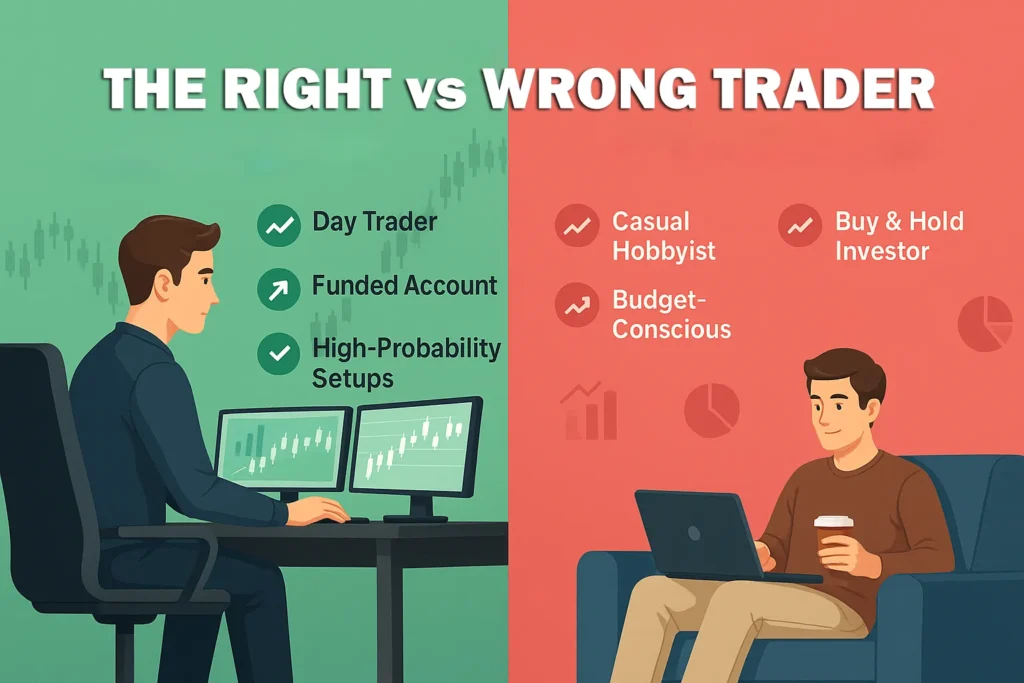 Infographic titled ‘The Right vs Wrong Trader’ showing a split design. On the left, a professional day trader sits at a multi-monitor desk with text: Day Trader, Funded Account, High-Probability Setups. On the right, a casual trader lounges on a couch with a laptop and coffee, with text: Casual Hobbyist, Buy & Hold Investor, Budget-Conscious.