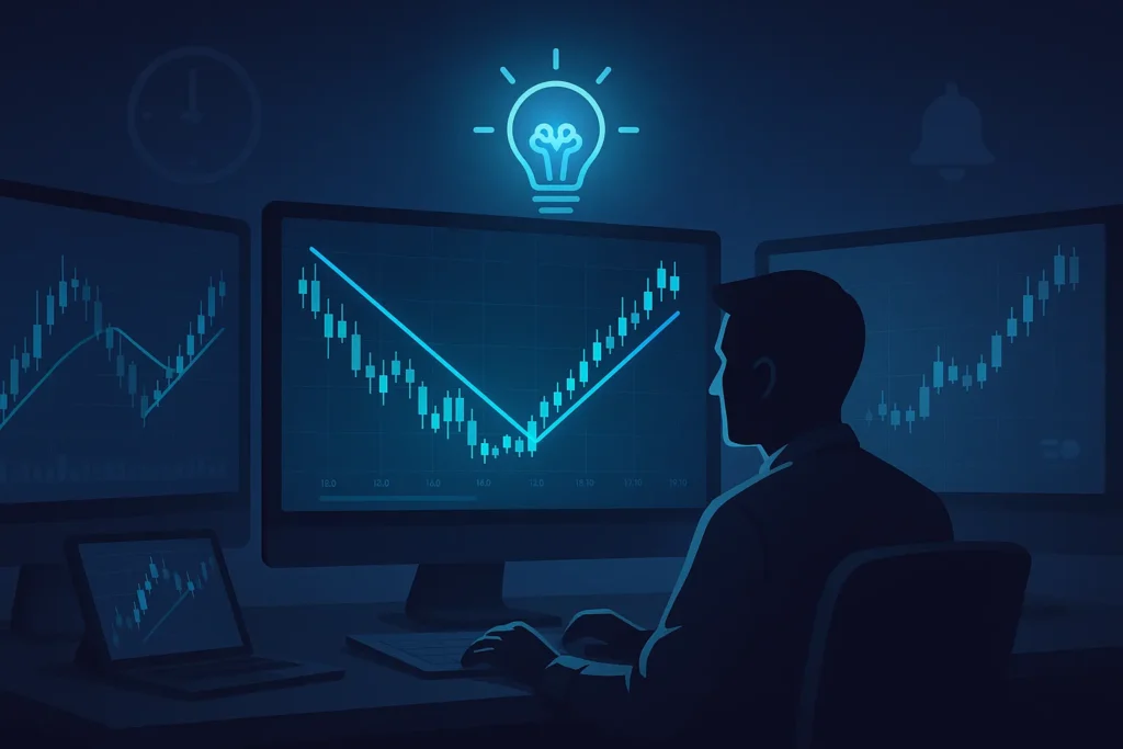 Digital illustration of a trader at a desk with multiple monitors displaying candlestick charts and automated trendlines, symbolizing the breakthrough experience after six months of using TrendSpider.