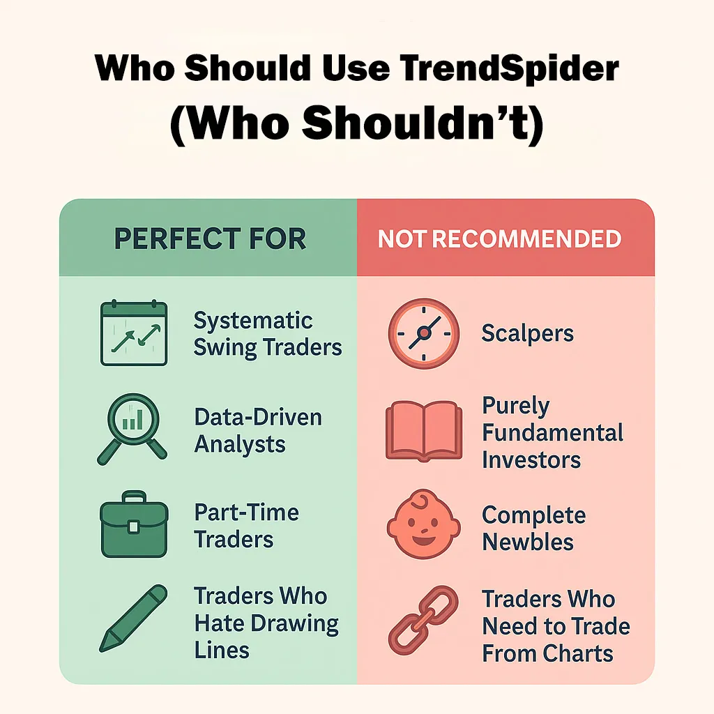 Infographic comparing who should use TrendSpider versus who shouldn’t. Perfect for swing traders, data-driven analysts, part-time traders, and those who dislike manual charting. Not recommended for scalpers, purely fundamental investors, complete beginners, or traders needing direct chart-based execution.