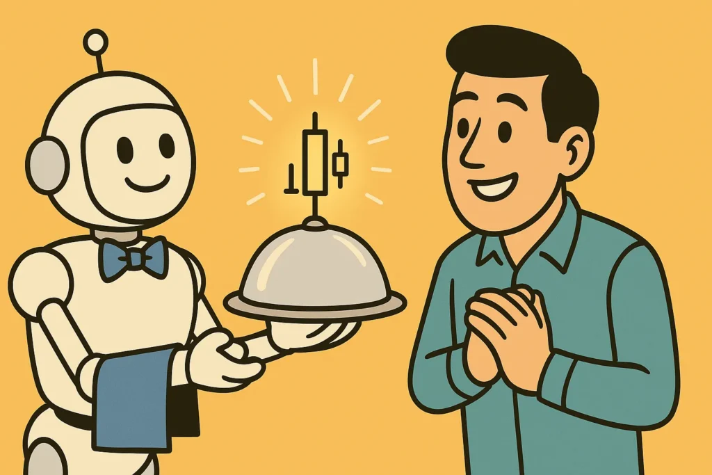 A cartoon of a robot butler serving a trader a perfect trade setup on a silver platter, symbolizing AI trade discovery.