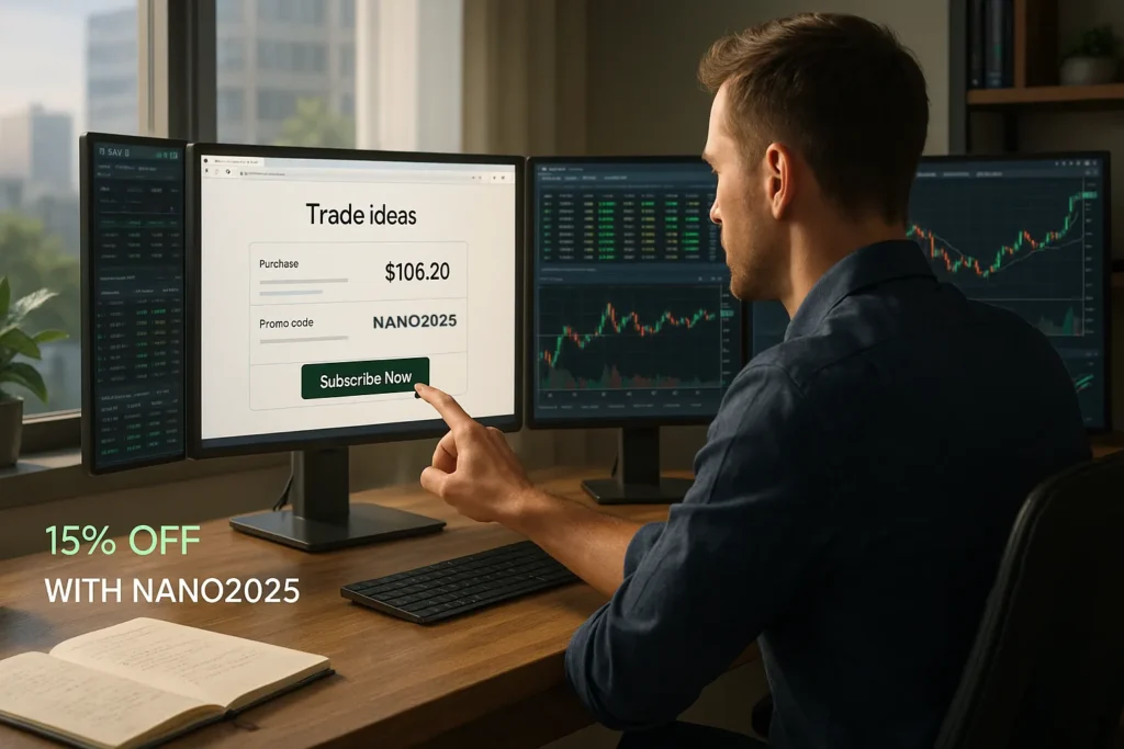 Professional trader confidently clicking to subscribe to Trade Ideas Premium with NANO2025 discount code showing decisive business decision and commitment