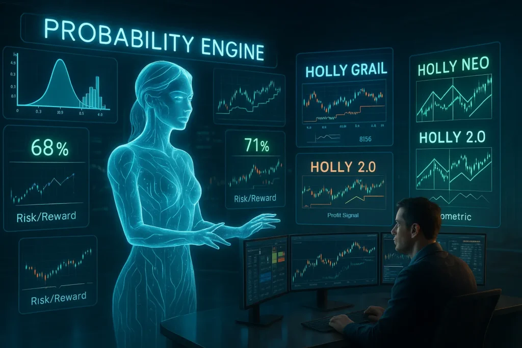 Holographic AI analyst Holly working in futuristic command center analyzing stock data and generating probability-based trading signals