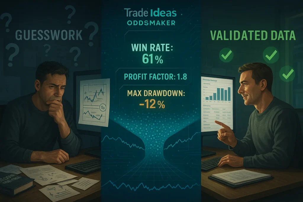 Trader transformation from uncertain guesswork with question marks to confident data-driven decisions using Trade Ideas OddsMaker backtesting engine