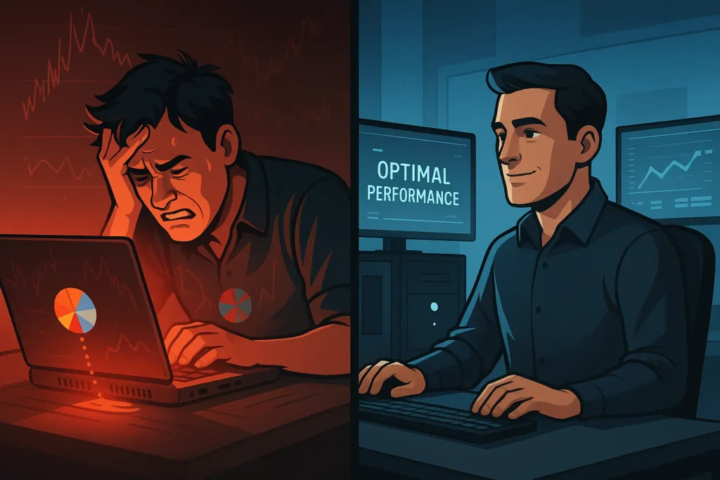 A split-panel 2D illustration contrasting a frustrated trader on a slow laptop with a confident trader using a powerful, multi-monitor professional PC setup.