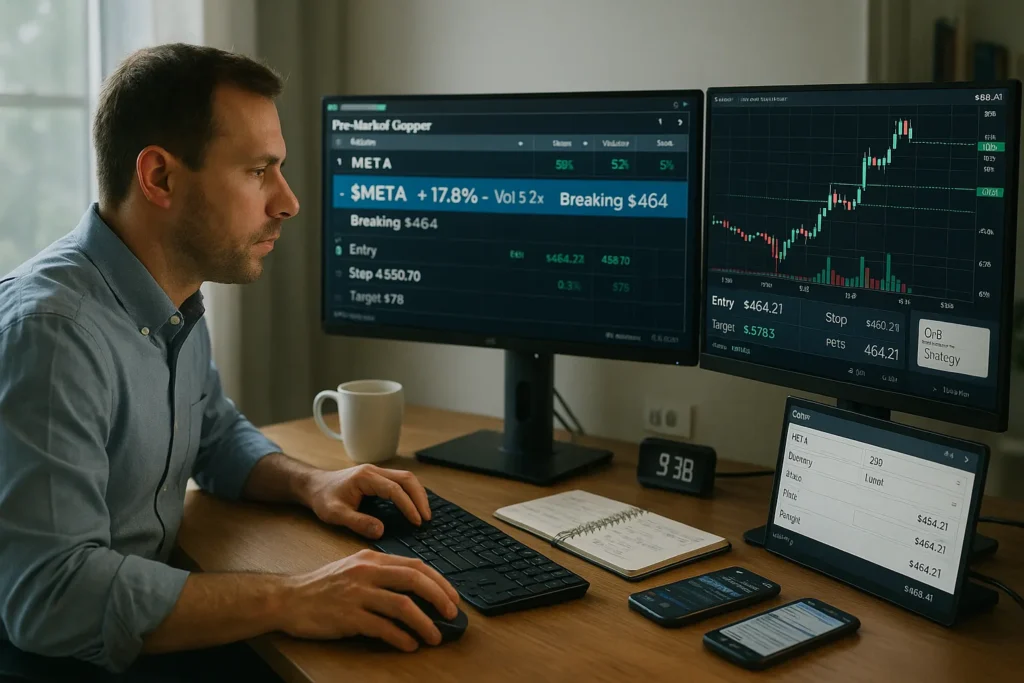 Professional day trader executing Meta Platforms earnings breakout trade with Trade Ideas scanner alerts and multi-monitor setup showing precise entry exit and stop levels