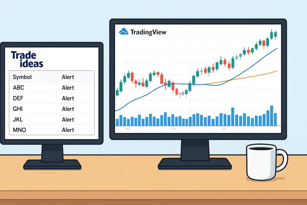 An illustration of a professional trader's desk using Trade Ideas for scanning on one monitor and TradingView for charting on another.