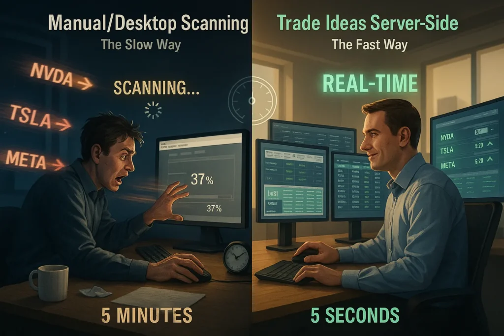 Split screen comparison showing frustrated trader with slow desktop scanner missing opportunities versus confident trader using Trade Ideas server-side real-time scanning