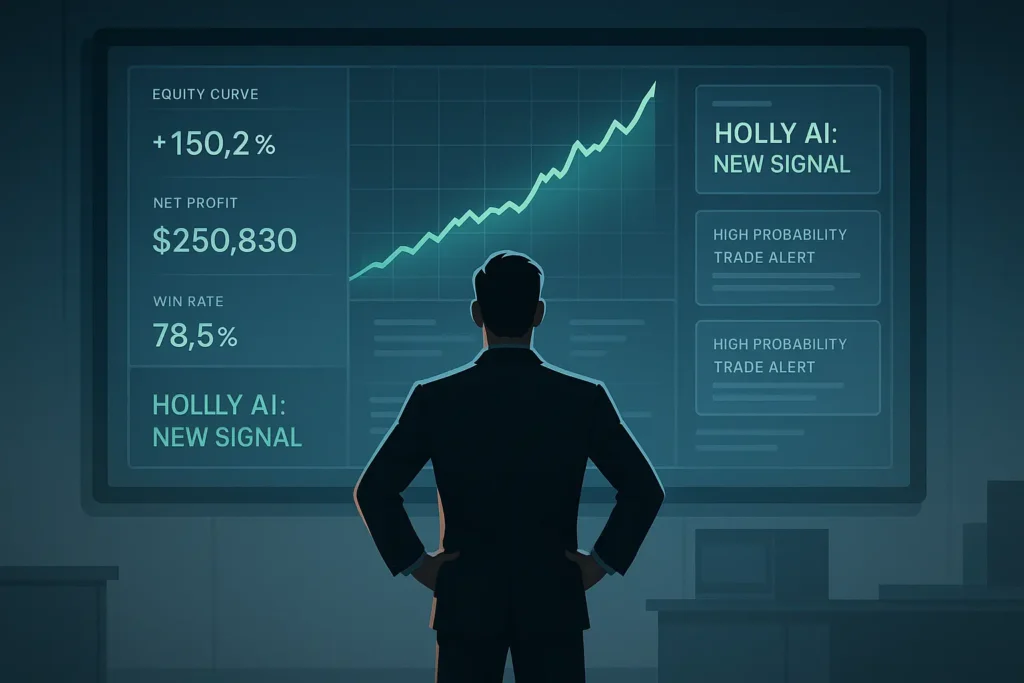 A 2D cinematic illustration of a successful trader confidently reviewing their performance on a large dashboard powered by Trade Ideas and the Holly AI.