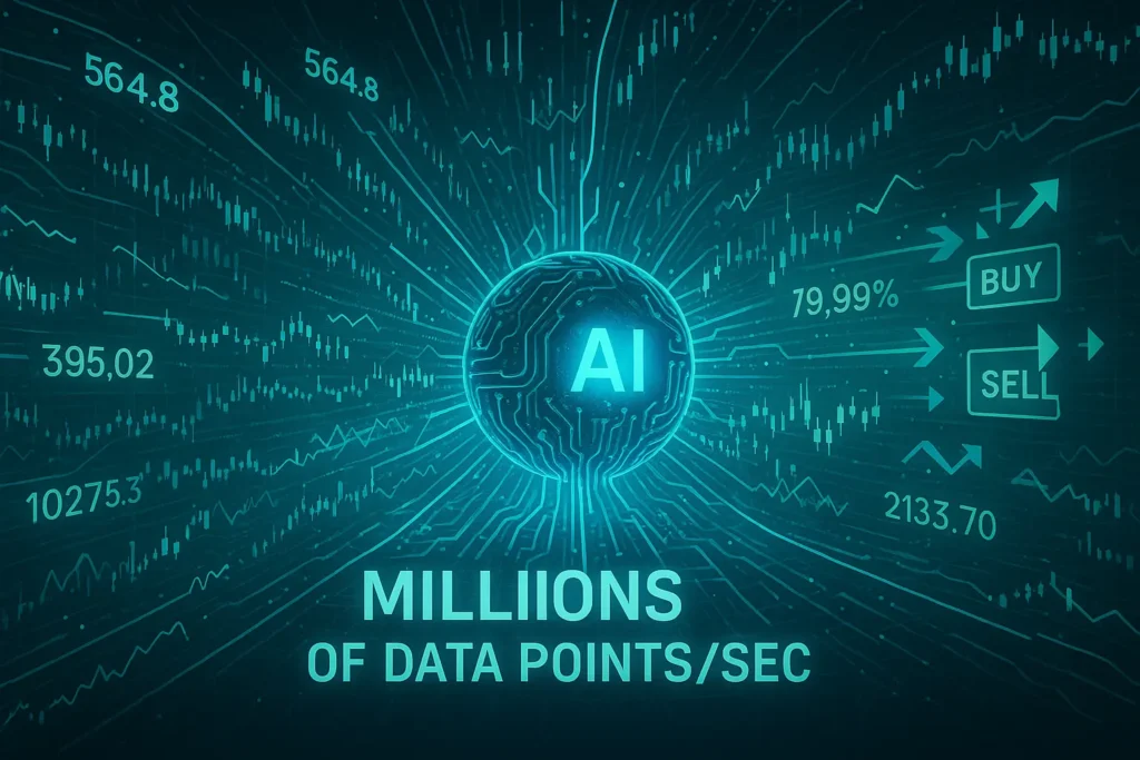 A 2D infographic illustrating Trade Ideas' AI core processing millions of market data points per second, turning raw data into actionable trade signals.