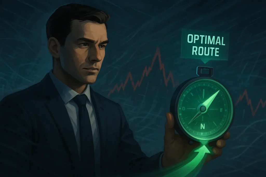 A 2D digital illustration of a trader holding a glowing, futuristic compass guiding them through a volatile, stylized market landscape, representing Trade Ideas' guidance.