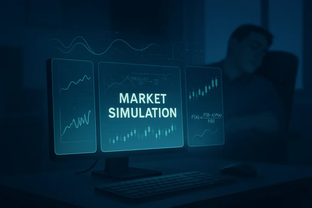 A 2D digital illustration of the Trade Ideas AI working overnight, processing market data on holographic screens while the trader sleeps peacefully.
