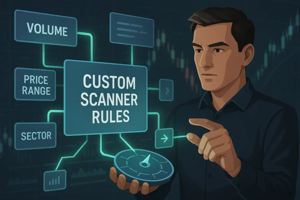 A 2D digital illustration of a trader interactively building custom trading strategies using modular blocks on a holographic interface within Trade Ideas.