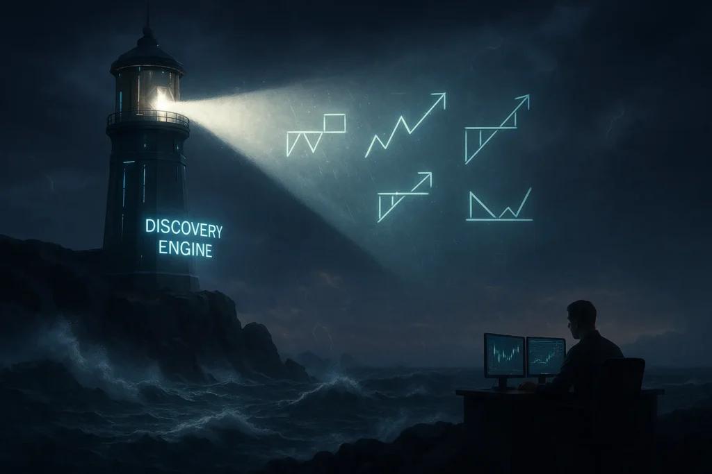 Powerful lighthouse beam cutting through market storm revealing hidden stock opportunities metaphor for Trade Ideas scanning technology