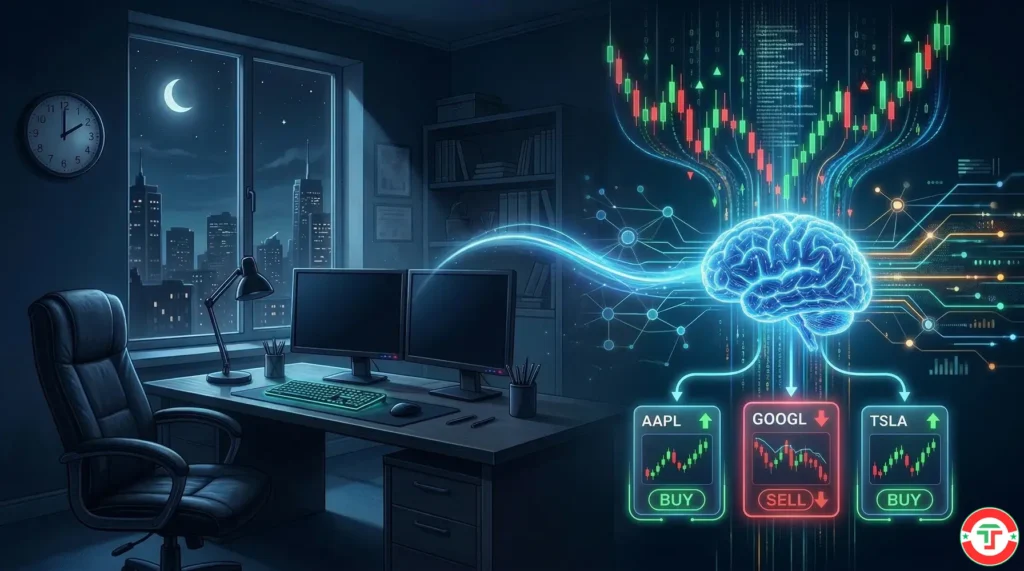 Trade Ideas Holly AI workflow showing overnight strategy analysis processing millions of data points while trader sleeps, delivering morning signals at market open