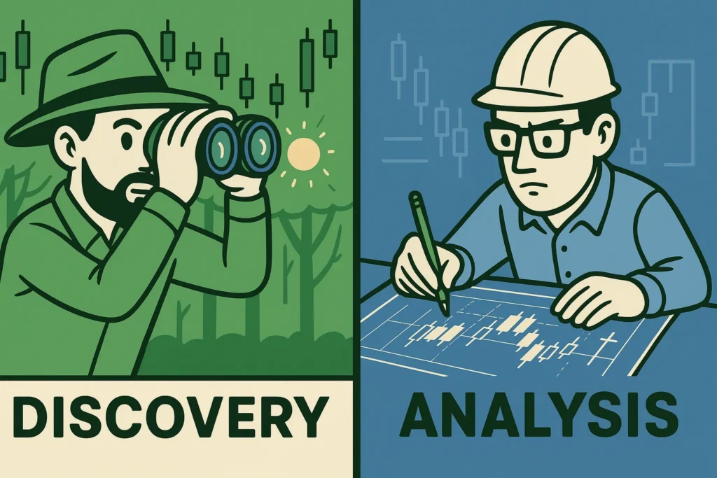 An illustration comparing Trade Ideas as a hunter discovering trades and TradingView as an architect analyzing them.