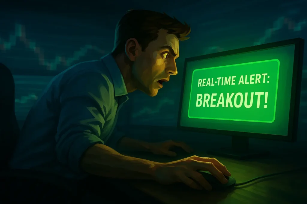 A 2D digital illustration of a male trader reacting with focused intensity to a glowing "REAL-TIME ALERT" flashing on his monitor, powered by Trade Ideas.