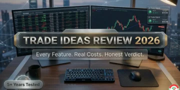 Trade Ideas Review 2026 featured image showing professional trading desk with multiple monitors displaying stock scanners, AI signals, and candlestick charts
