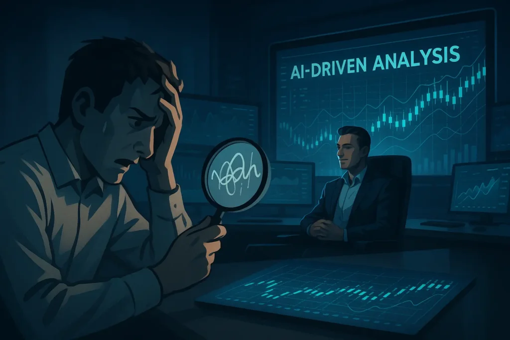 A 2D cinematic illustration comparing an AI-powered trader using Trade Ideas' advanced infrastructure against an overwhelmed manual day trader with basic tools.