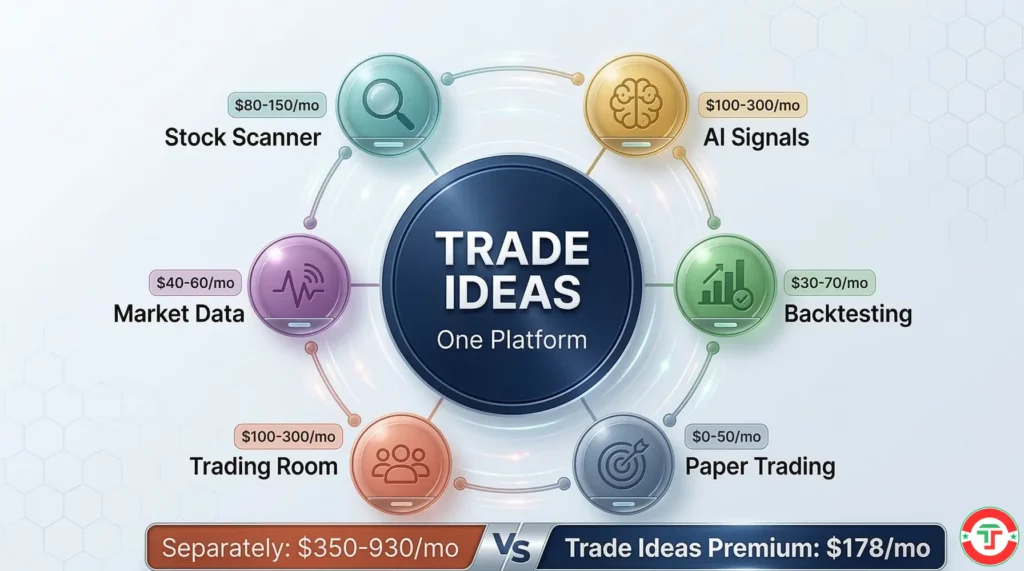 Trade Ideas review ecosystem diagram showing one unified platform replacing five standalone trading tools — scanner, AI signals, backtester, paper trading, and trading room