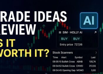 Featured image for Trade Ideas Review featuring Holly AI signals, stock scanners, and the question 'Is It Worth It?' over a candlestick chart background.