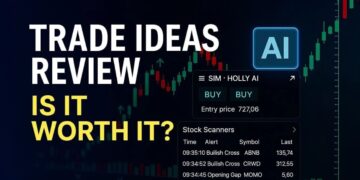 Featured image for Trade Ideas Review featuring Holly AI signals, stock scanners, and the question 'Is It Worth It?' over a candlestick chart background.