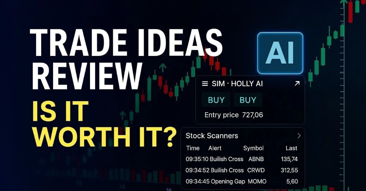 Featured image for Trade Ideas Review featuring Holly AI signals, stock scanners, and the question 'Is It Worth It?' over a candlestick chart background.