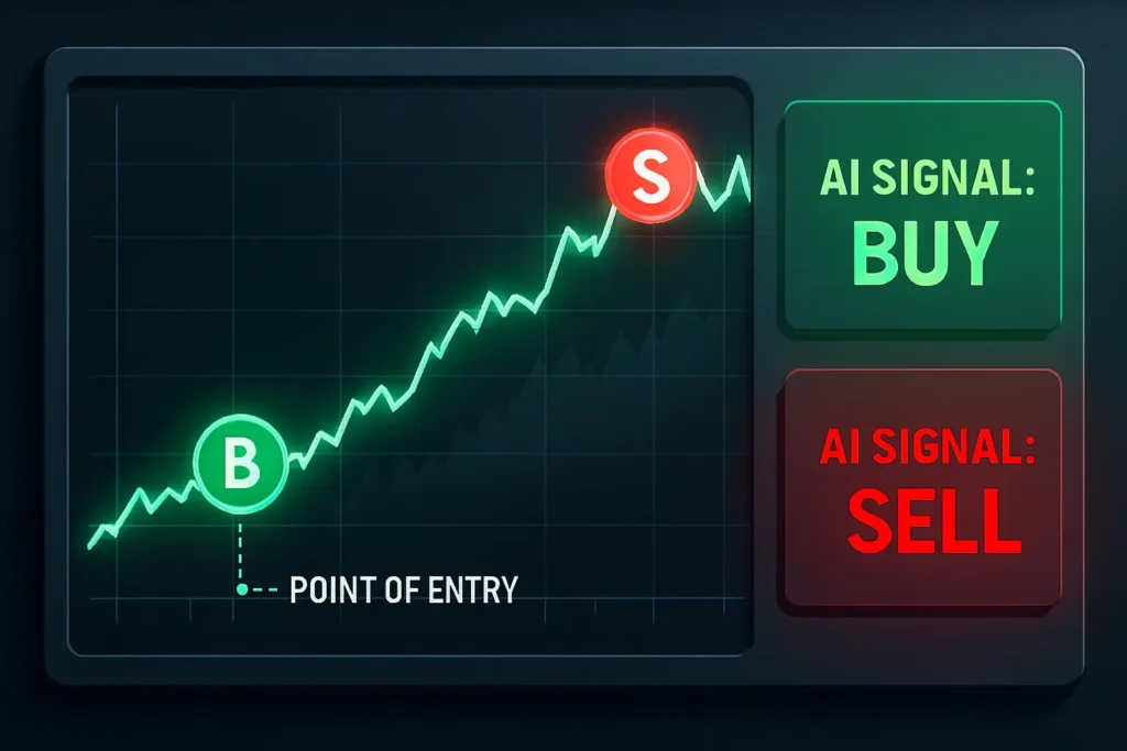 An infographic-style 2D illustration showing the Trade Ideas TradeWave feature with clear "B" (buy) and "S" (sell) signals on a stylized stock chart.