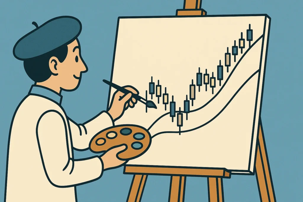 An illustration of a trader as an artist painting a beautiful, complex stock chart on a canvas, symbolizing TradingView's charting tools.