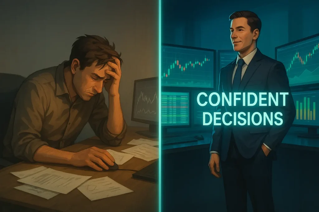 A 2D diptych illustration showing a frustrated, manual trader on the left and a confident, AI-assisted trader with multi-monitors on the right, representing a positive transformation.