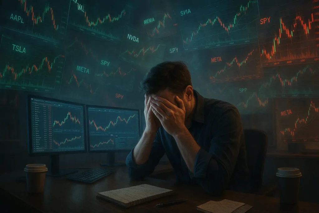 Professional day trader overwhelmed by thousands of floating holographic stock charts representing information overload and analysis paralysis