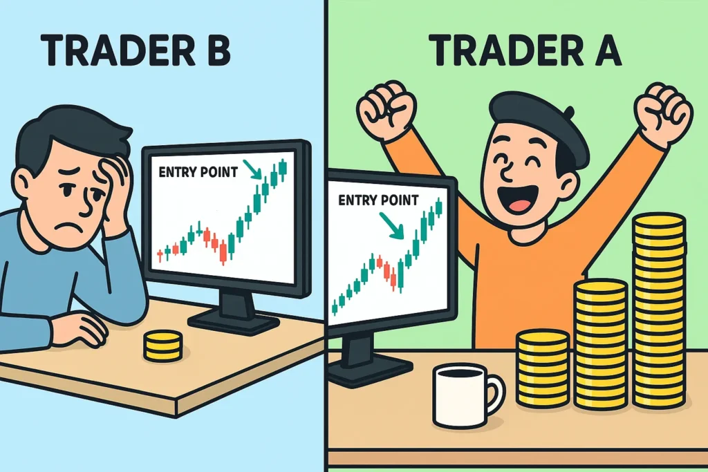 A cartoon comparing two traders of the same stock; the one with the better entry (Trader A) has a large pile of money and is happy, the other is frustrated with a small profit.
