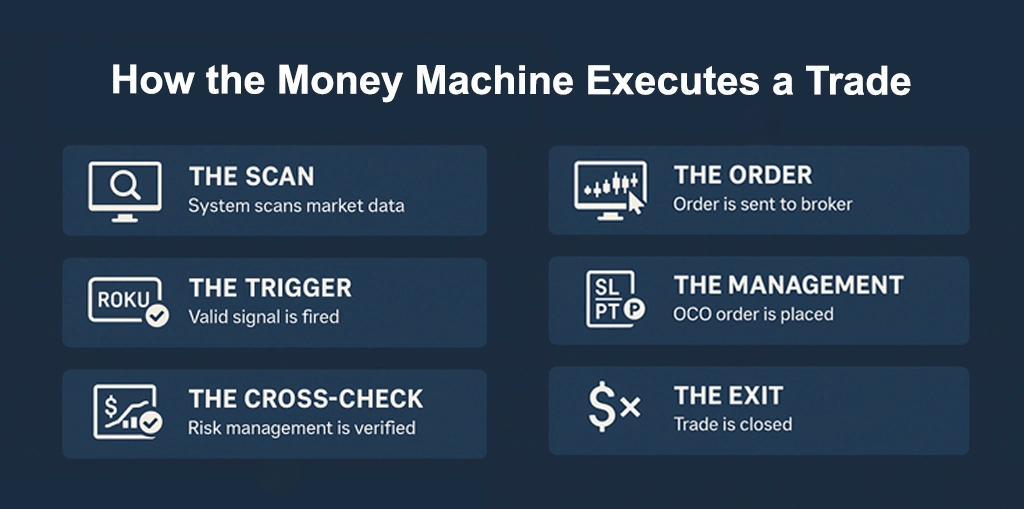 Infographic flow diagram showing the automated trading process: scan market data, trigger a signal (e.g., ROKU), cross-check risk rules, send order to broker, manage position with bracket orders, and exit on profit target or stop-loss.