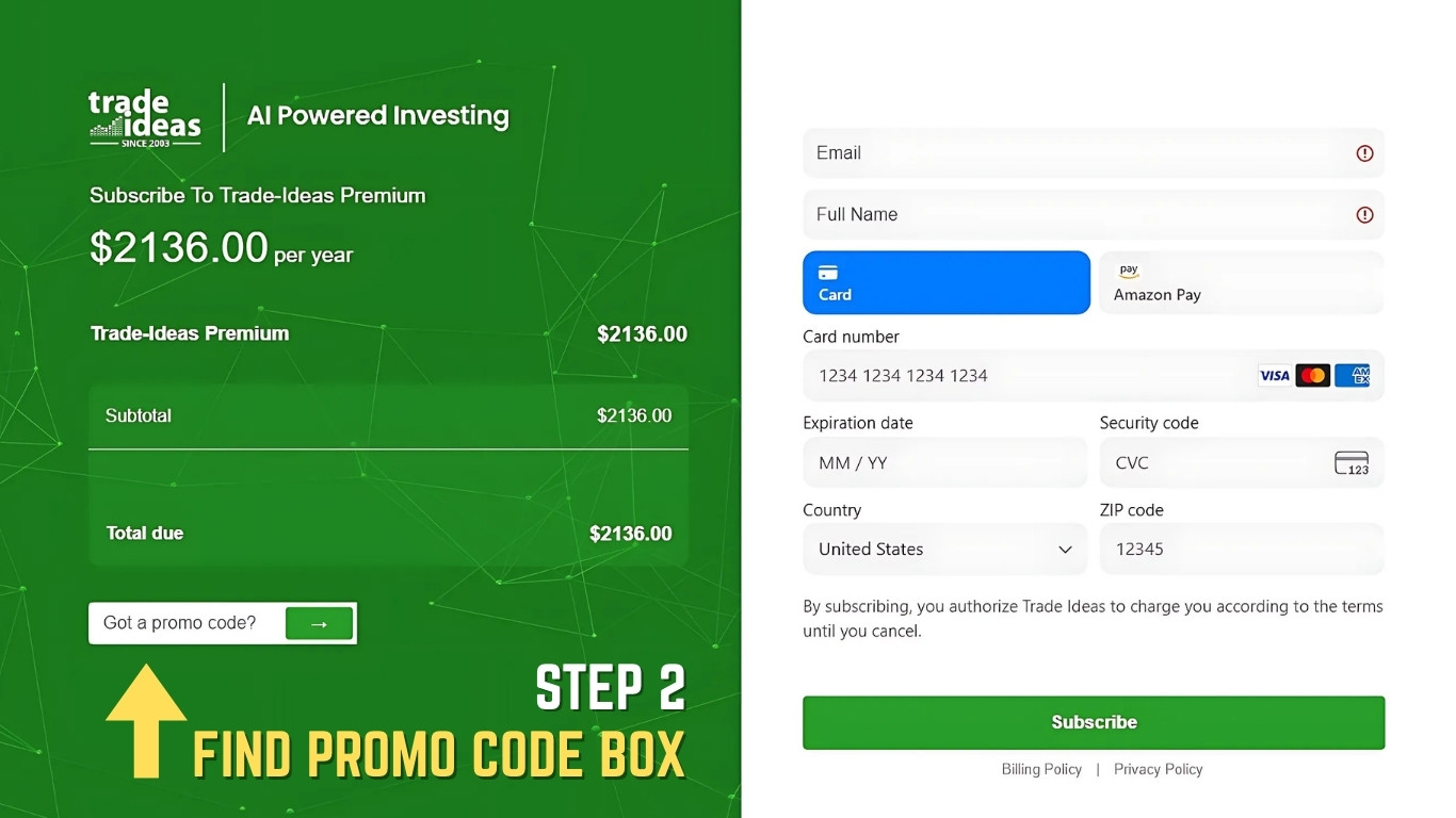 Step 2: A yellow arrow on the checkout page points to the field that says, "Got a promo code?".