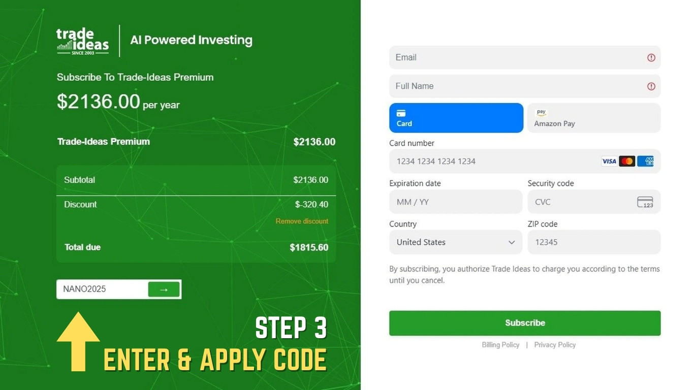 Step 3: The promo code "NANO2025" is typed into the field and the green arrow button is clicked to apply the coupon.