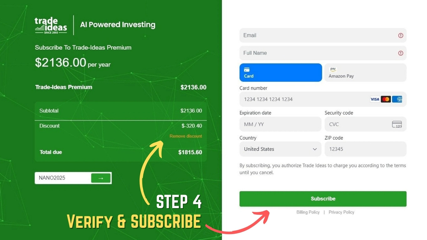 Step 4: An arrow indicates to confirm the "Total due" has been discounted before clicking the final "Subscribe" button.