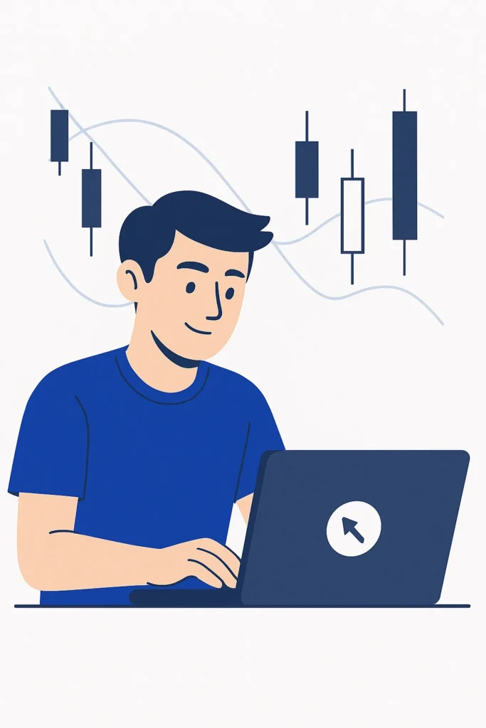 A flat-style illustration of a young man sitting at a desk, focused on his laptop with candlestick charts in the background, symbolizing beginners learning day trading step by step.